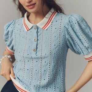 Maeve Robin Blue Lace Puff Sleeve Rhinestone Buttons Top M